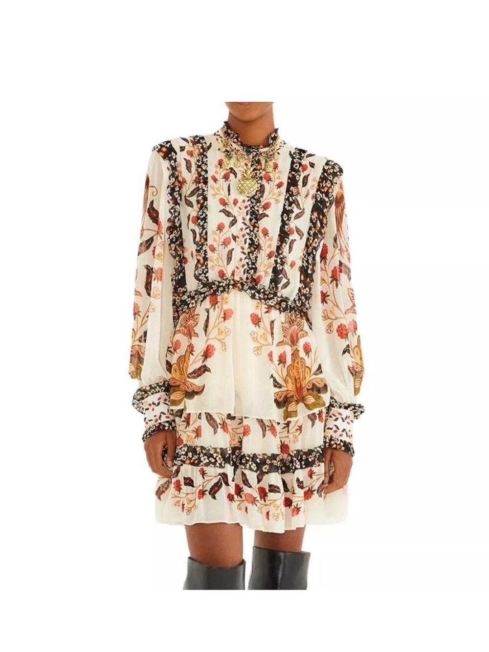 FARM Rio Ivory Floral Ruffled Long-Sleeve Mini Dress